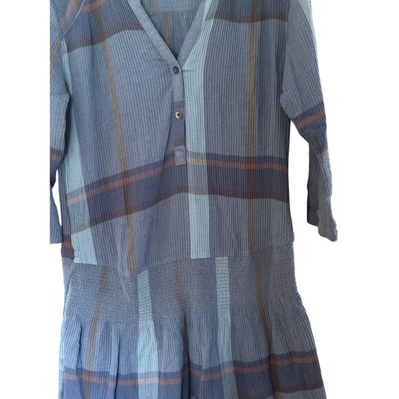 prAna SugarPine Crinkle Gauze Organic Cotton Blue Plaid Blouson Dress small Blue - Picture 2 of 7
